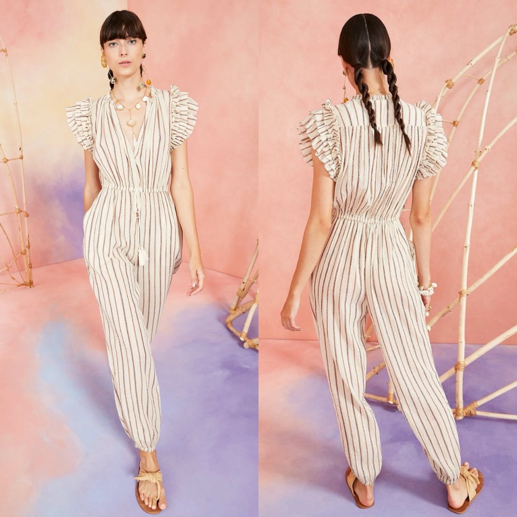 Nwt Ulla Johnson Elio Striped Lurex Gauze Ruffle Jumpsuit In Cream $395 Size 2